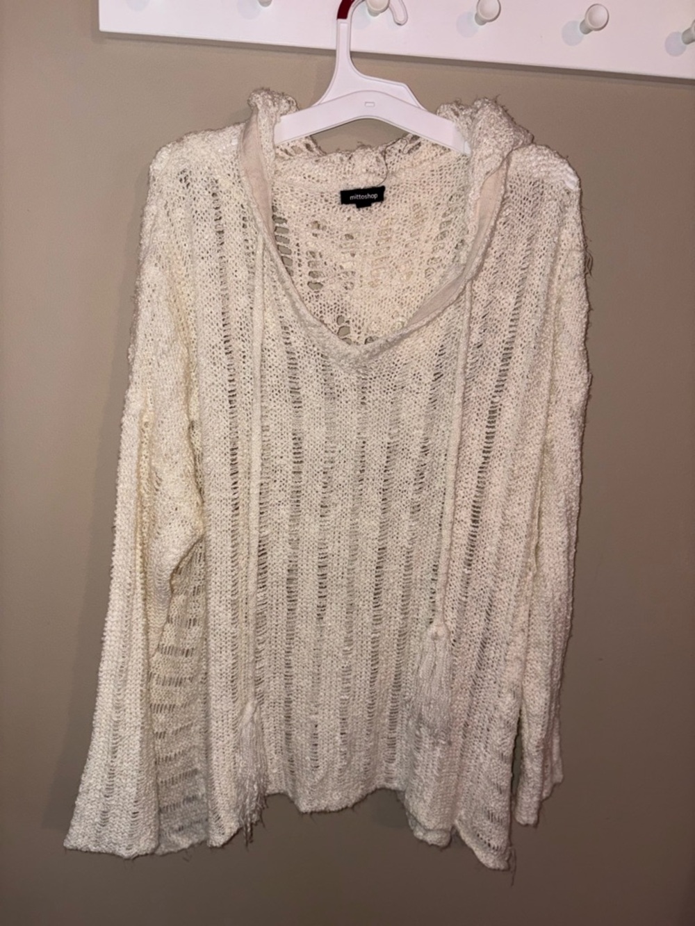 mittoshop Cream Open-Knit V-Neck Hoodie Sweater